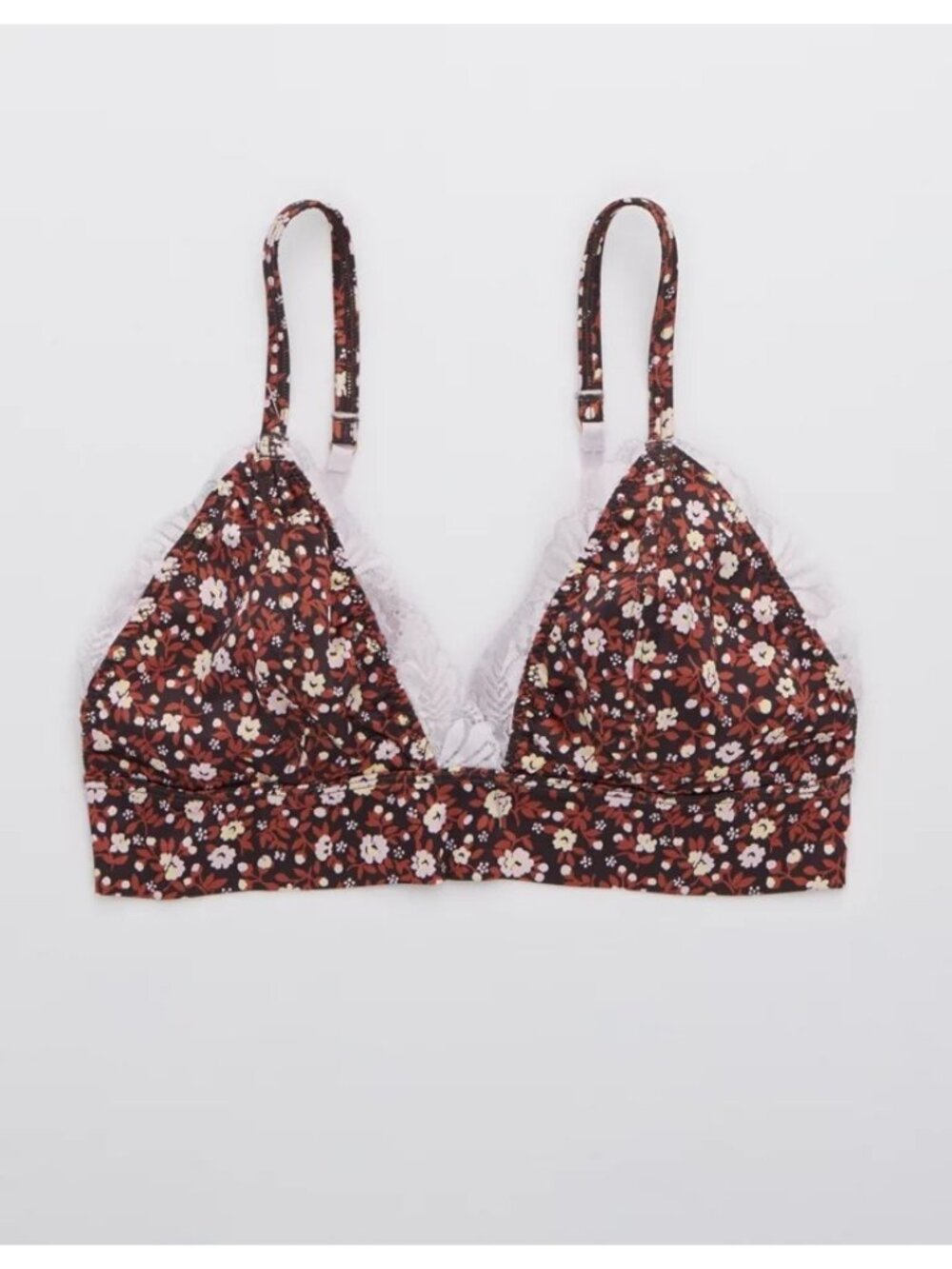 Aerie Shine Triangle Bralette Large Brown Satin Floral Lace Bra Lingerie NWT